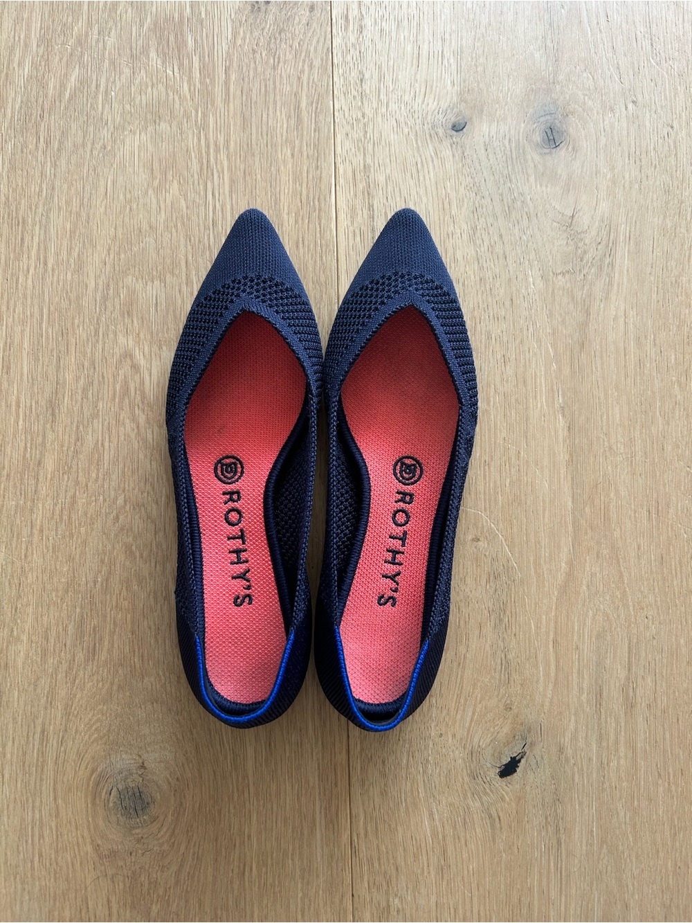 Rothy's Navy Pointed Knit Flats with Coral Insole